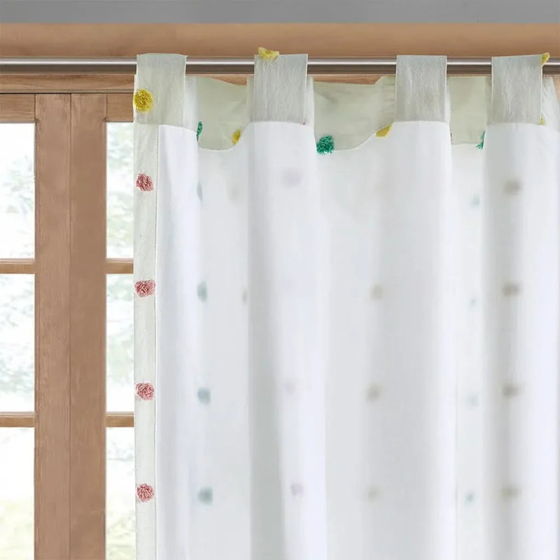 Cotton Curtain Panel Jacquard Pom Pom Dots On White Ground 84in Long 50in Wide