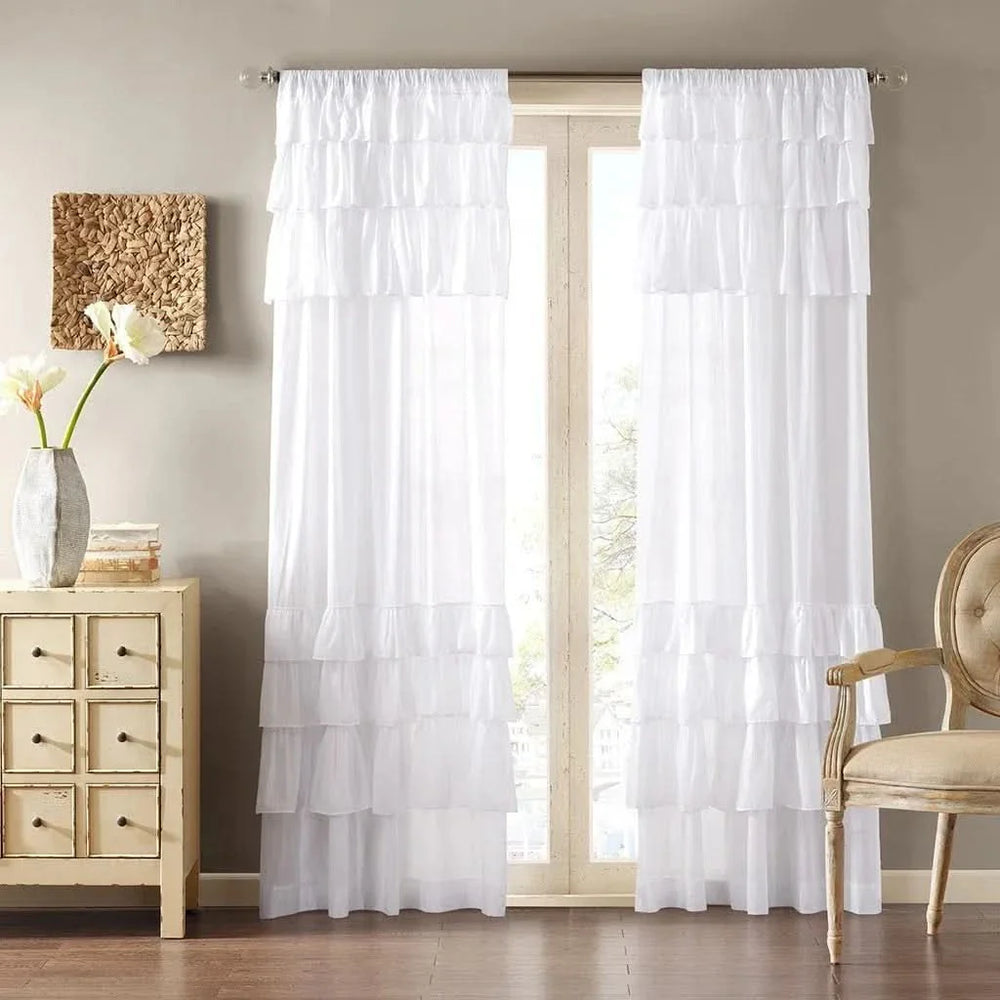 Cotton Curtain Panel White 50x84 Oversized Ruffle Design For Living Room Media 1