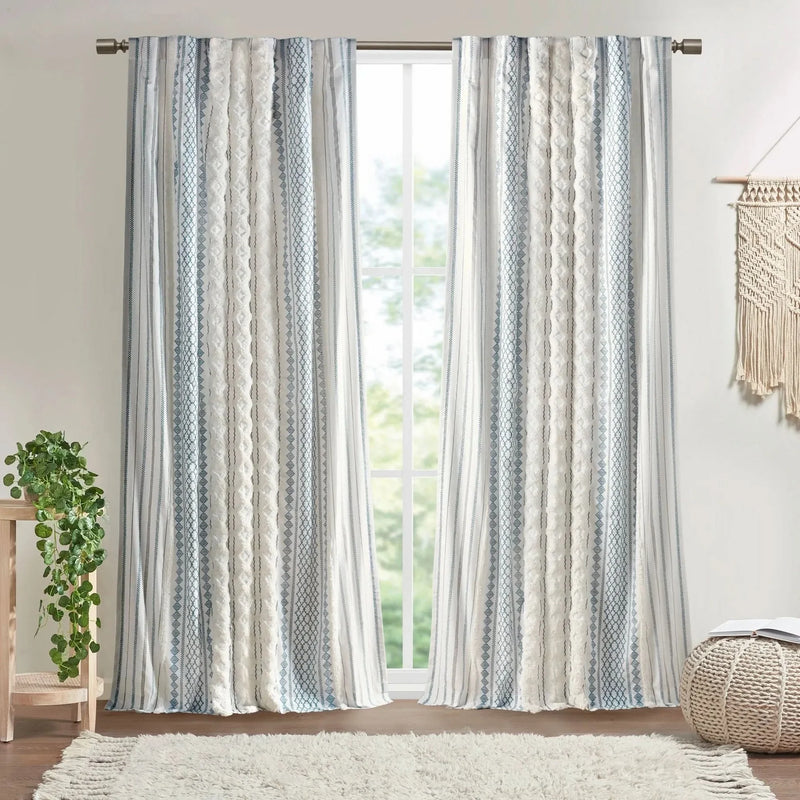 Cotton Curtain Panel Printed Chenille Stripe Lined Window Drapes Soft