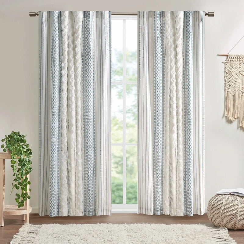 Cotton Curtain Panel Printed Chenille Stripe Lined Window Drapes Soft