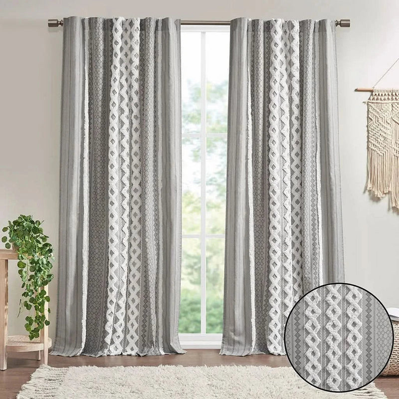 Cotton Curtain Panel Printed Chenille Stripe Lined Gray 50x84 Inches