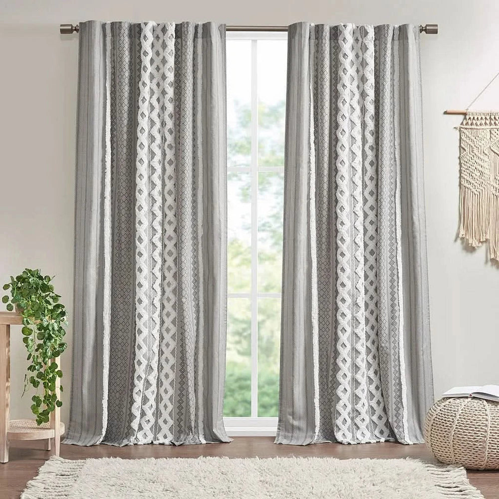 Cotton Curtain Panel Printed Chenille Stripe Lined Gray 50x84 Inches Media 1