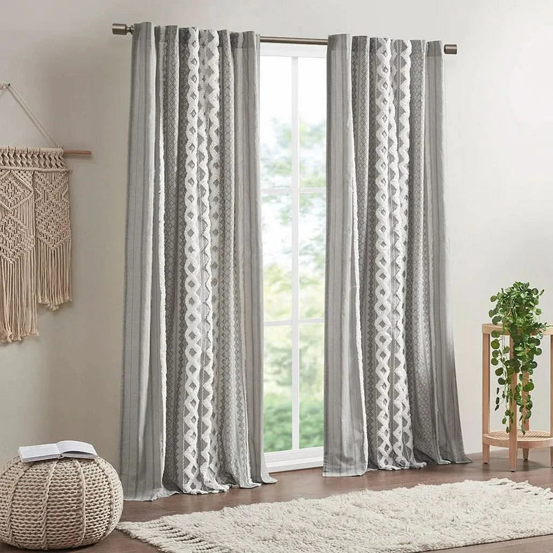 Cotton Curtain Panel Printed With Chenille Stripe Lining Gray 50x95