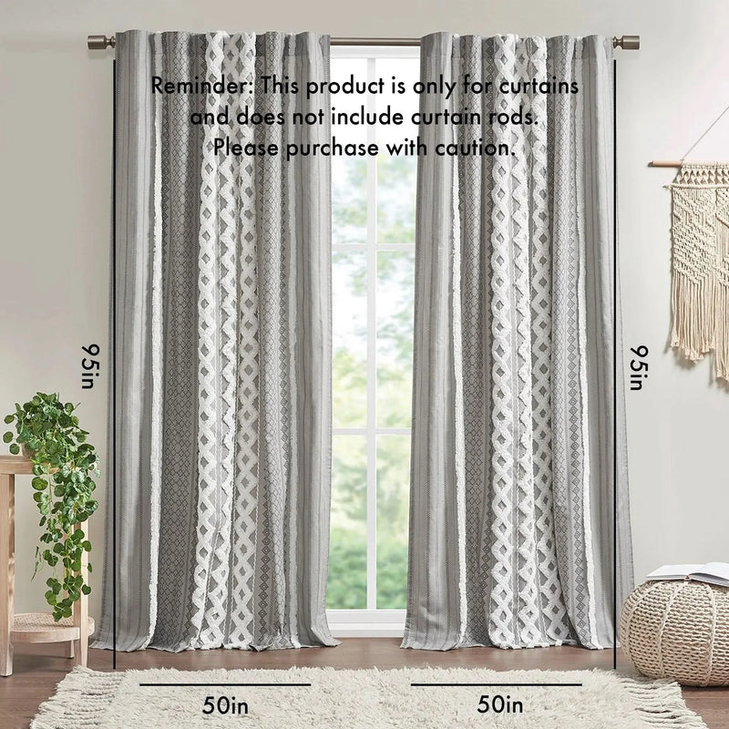 Cotton Curtain Panel Printed With Chenille Stripe Lining Gray 50x95