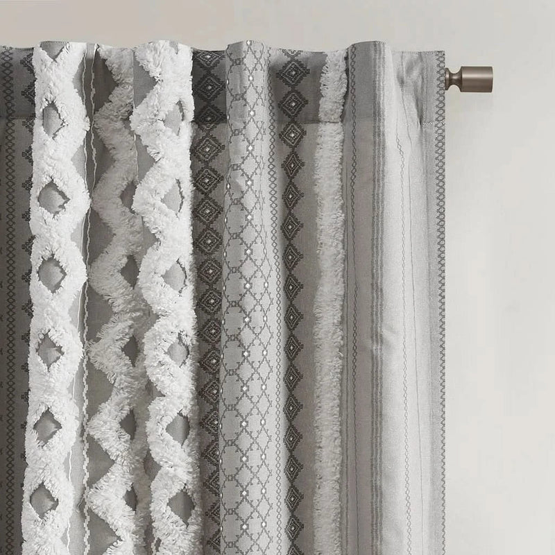 Cotton Curtain Panel Printed With Chenille Stripe Lining Gray 50x95