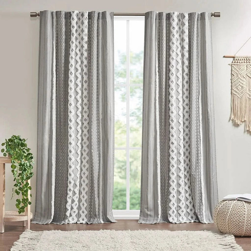 Cotton Curtain Panel Printed With Chenille Stripe Lining Gray 50x95