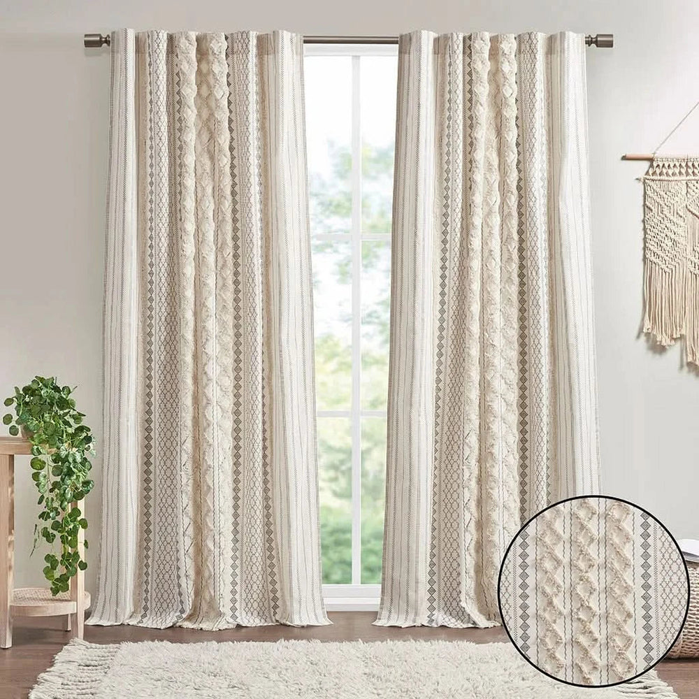 Cotton Curtain Panel Chenille Stripe Lined Ivory Living Room 50x84 Inches Media 11