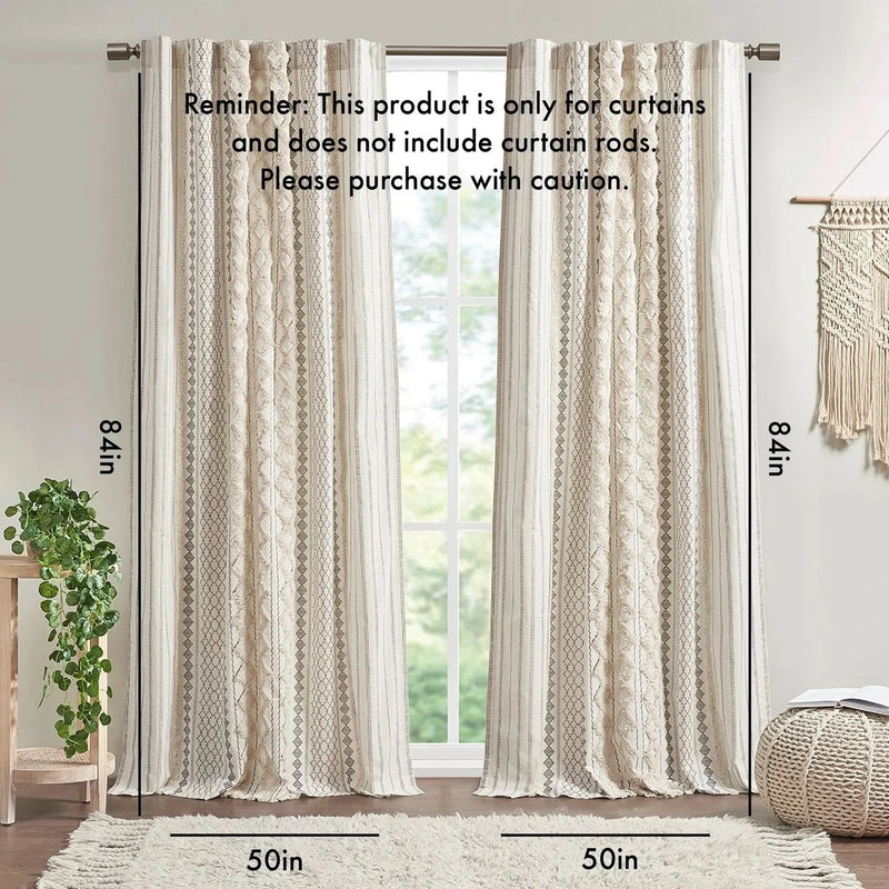 Cotton Curtain Panel Chenille Stripe Lined Ivory Living Room 50x84 Inches