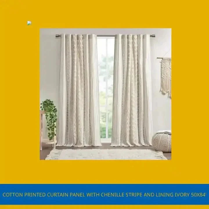 Cotton Curtain Panel Chenille Stripe Lined Ivory Living Room 50x84 Inches Media 5
