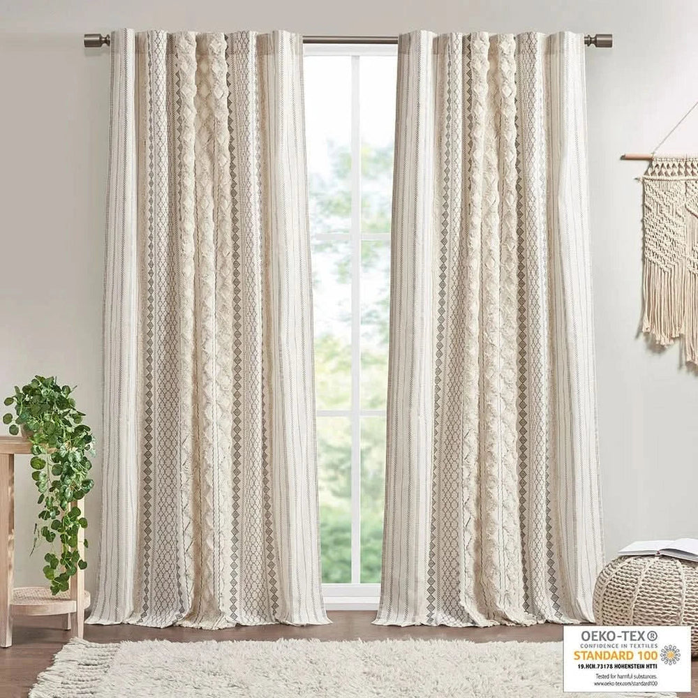 Cotton Curtain Panel Chenille Stripe Lined Ivory Living Room 50x84 Inches Media 12