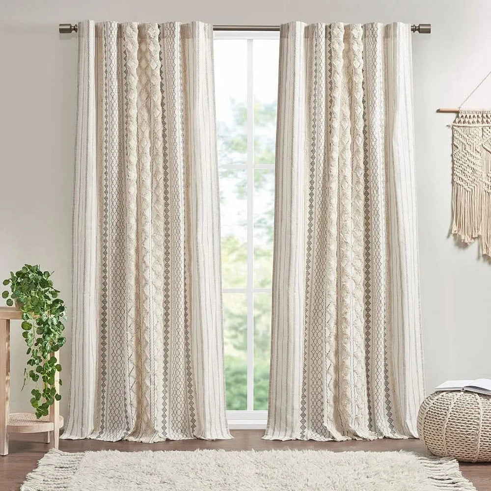 Cotton Curtain Panel Printed Chenille Stripe Lined Ivory 50x95 Inches Media 9