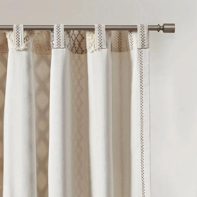 Cotton Curtain Panel Printed Chenille Stripe Lined Ivory 50x95 Inches