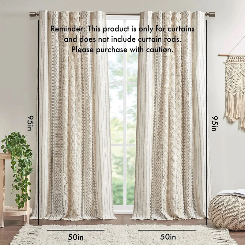 Cotton Curtain Panel Printed Chenille Stripe Lined Ivory 50x95 Inches