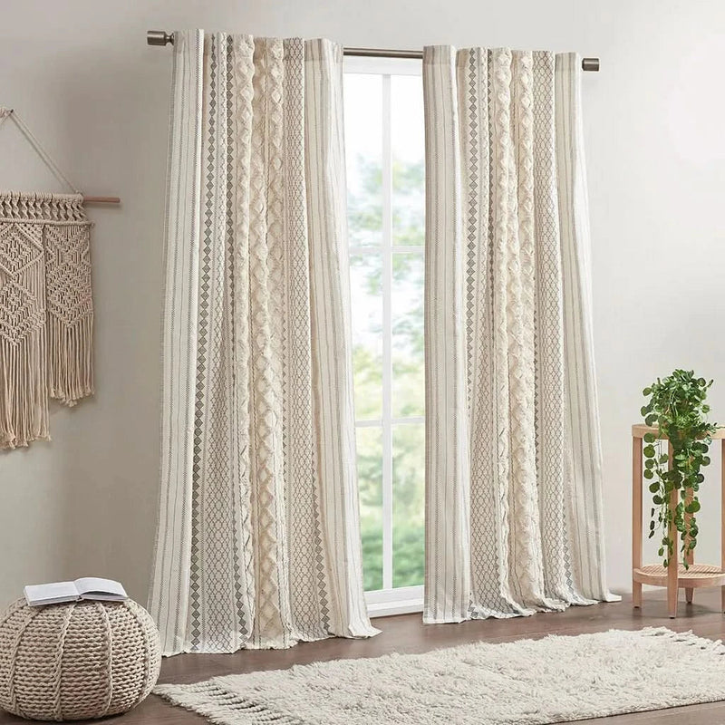 Cotton Curtain Panel Printed Chenille Stripe Lined Ivory 50x95 Inches