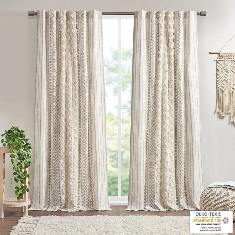Cotton Curtain Panel Printed Chenille Stripe Lined Ivory 50x95 Inches