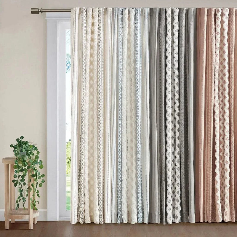 Cotton Curtain Panel Printed With Chenille Stripe & Lined White Navy 50x84