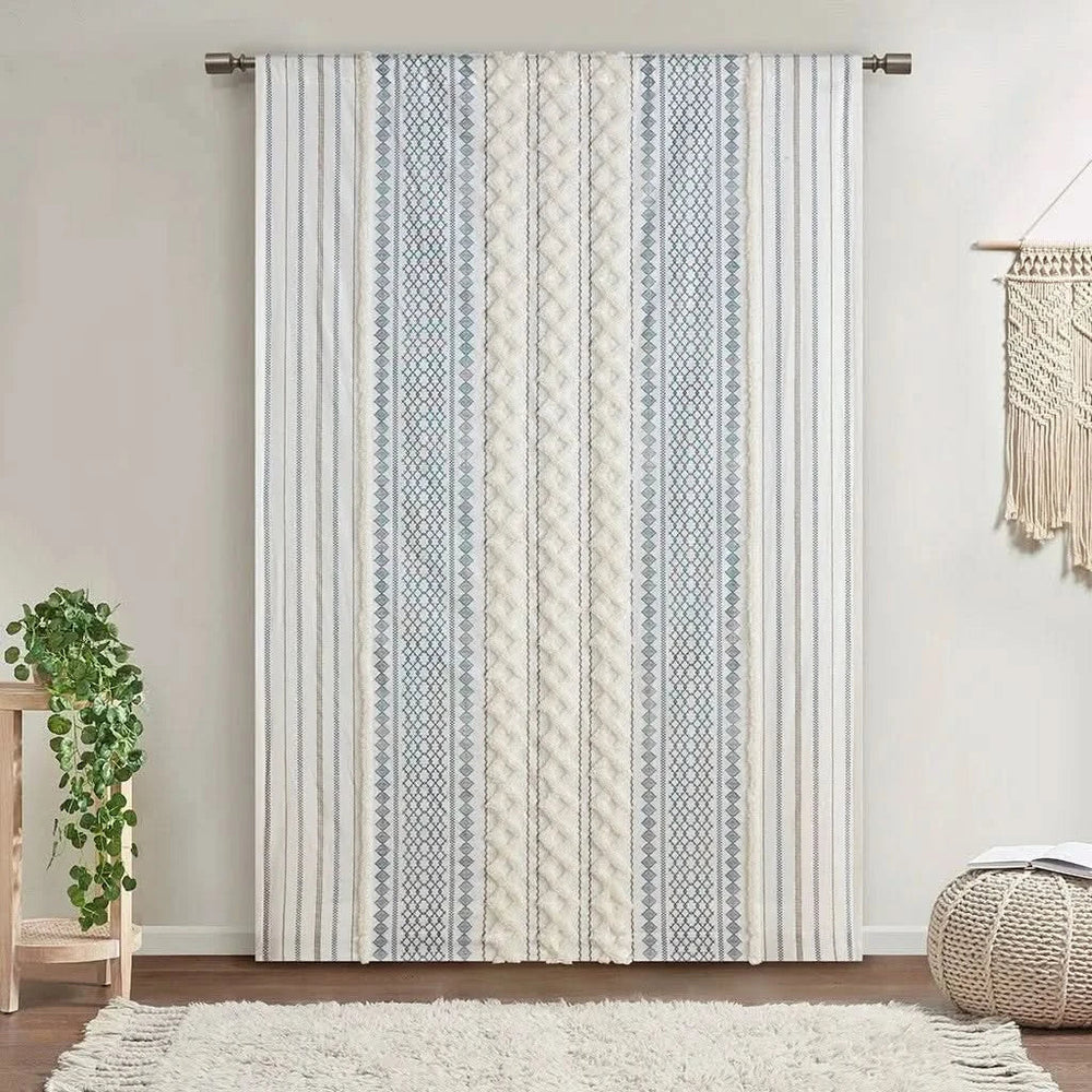 Cotton Curtain Panel Printed With Chenille Stripe & Lined White Navy 50x84 Media 5