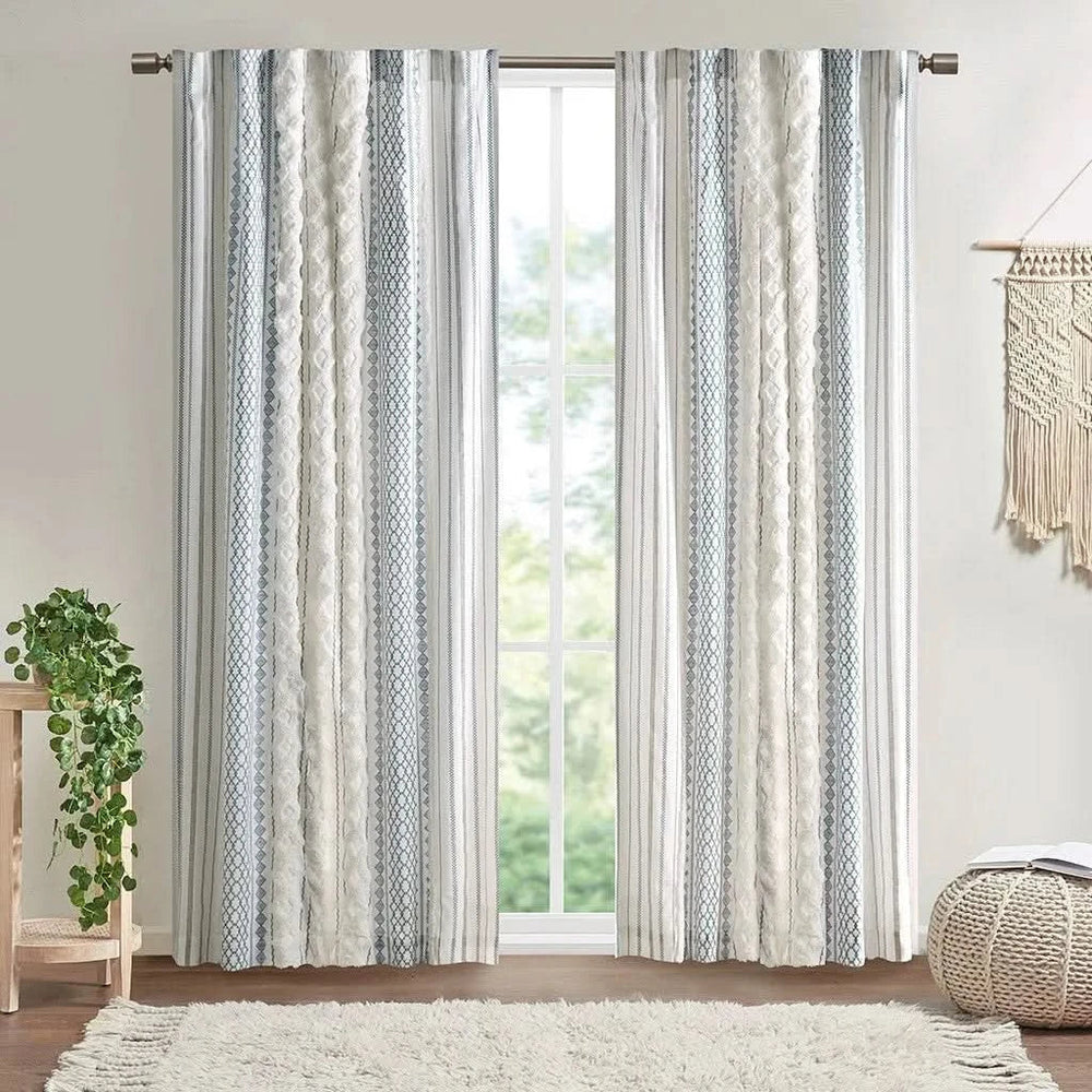 Cotton Curtain Panel Printed With Chenille Stripe & Lined White Navy 50x84 Media 1