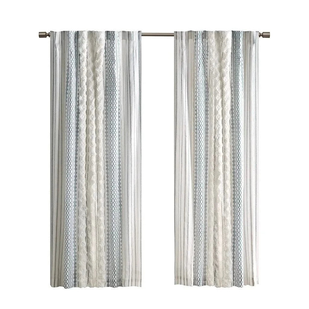 Cotton Curtain Panel Printed With Chenille Stripe & Lined White Navy 50x84 Media 8