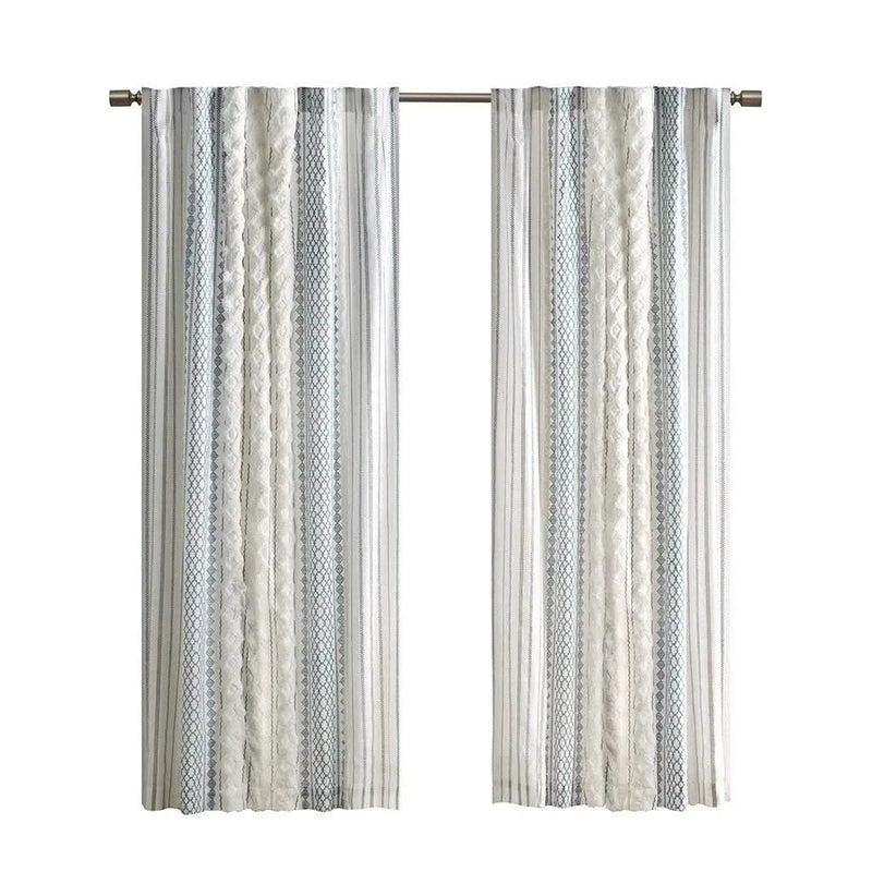 Cotton Curtain Panel Printed With Chenille Stripe & Lined White Navy 50x84