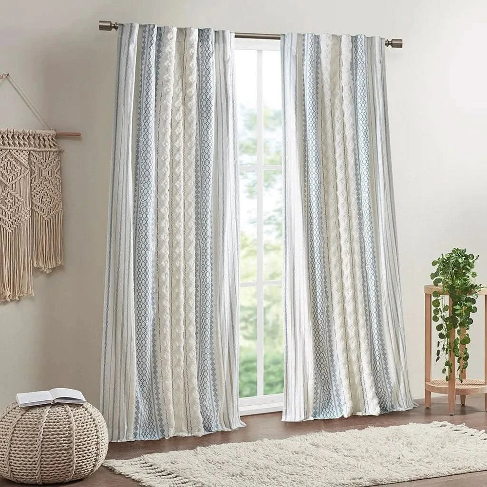 Cotton Curtain Panel Printed With Chenille Stripe & Lined White Navy 50x84 Media 11