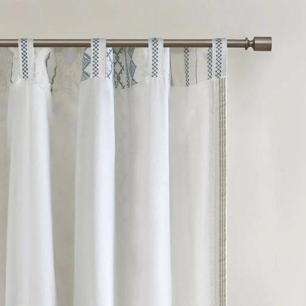 Cotton Curtain Panel With Chenille Stripe & Lining White Navy 50x95 Media 8