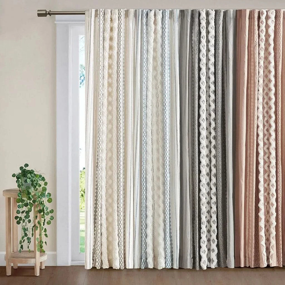 Cotton Curtain Panel With Chenille Stripe & Lining White Navy 50x95 Media 11