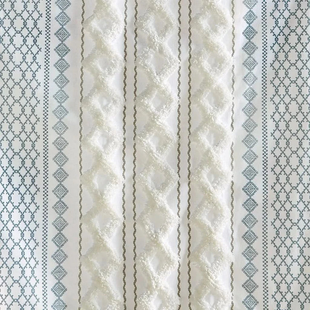 Cotton Curtain Panel With Chenille Stripe & Lining White Navy 50x95 Media 6