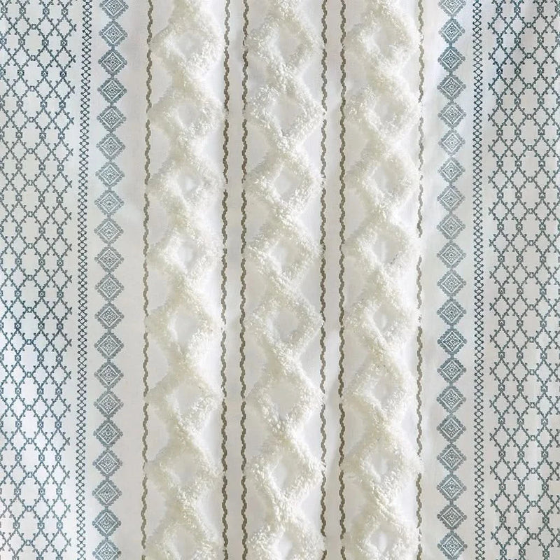 Cotton Curtain Panel With Chenille Stripe & Lining White Navy 50x95