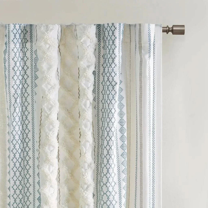 Cotton Curtain Panel With Chenille Stripe & Lining White Navy 50x95