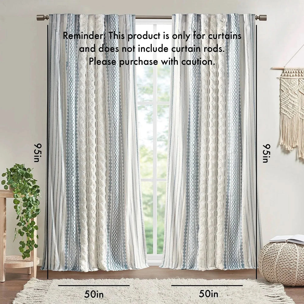 Cotton Curtain Panel With Chenille Stripe & Lining White Navy 50x95 Media 4