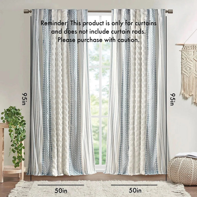 Cotton Curtain Panel With Chenille Stripe & Lining White Navy 50x95