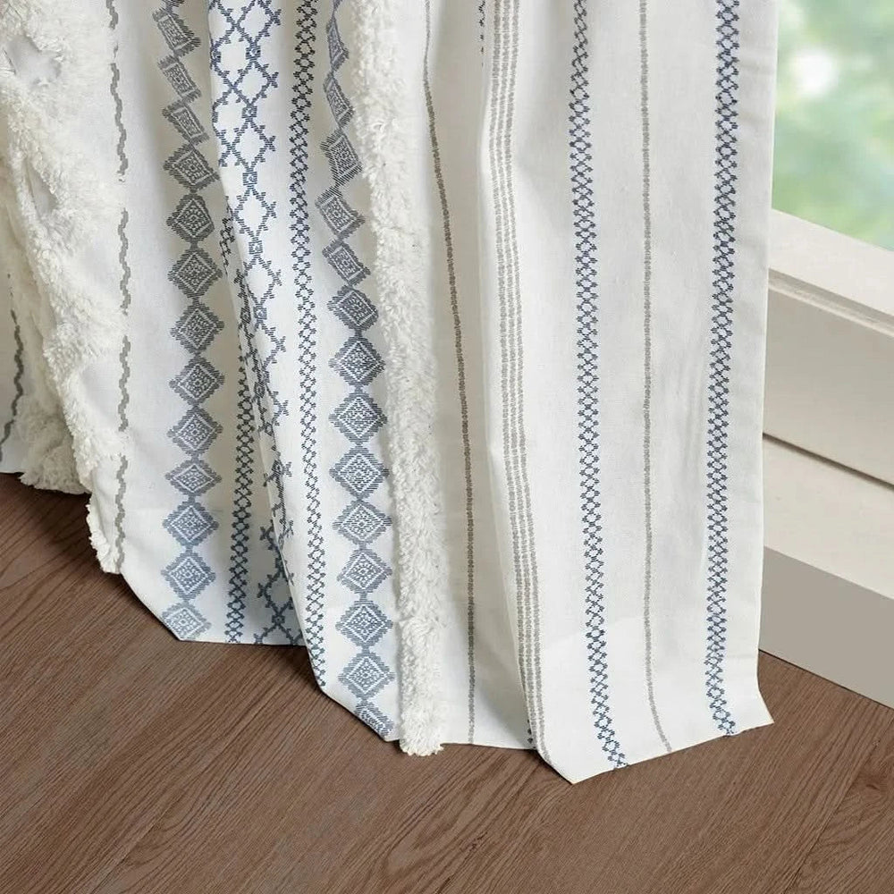 Cotton Curtain Panel With Chenille Stripe & Lining White Navy 50x95 Media 5