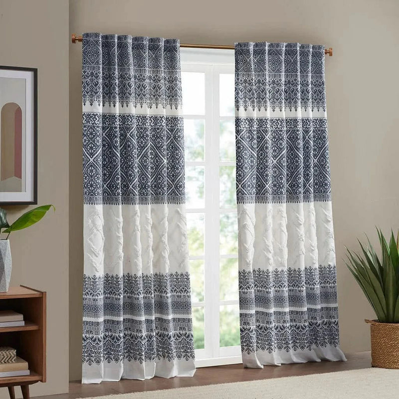 Cotton Curtain Panel Printed With Chenille Detail & Lining Multicolor