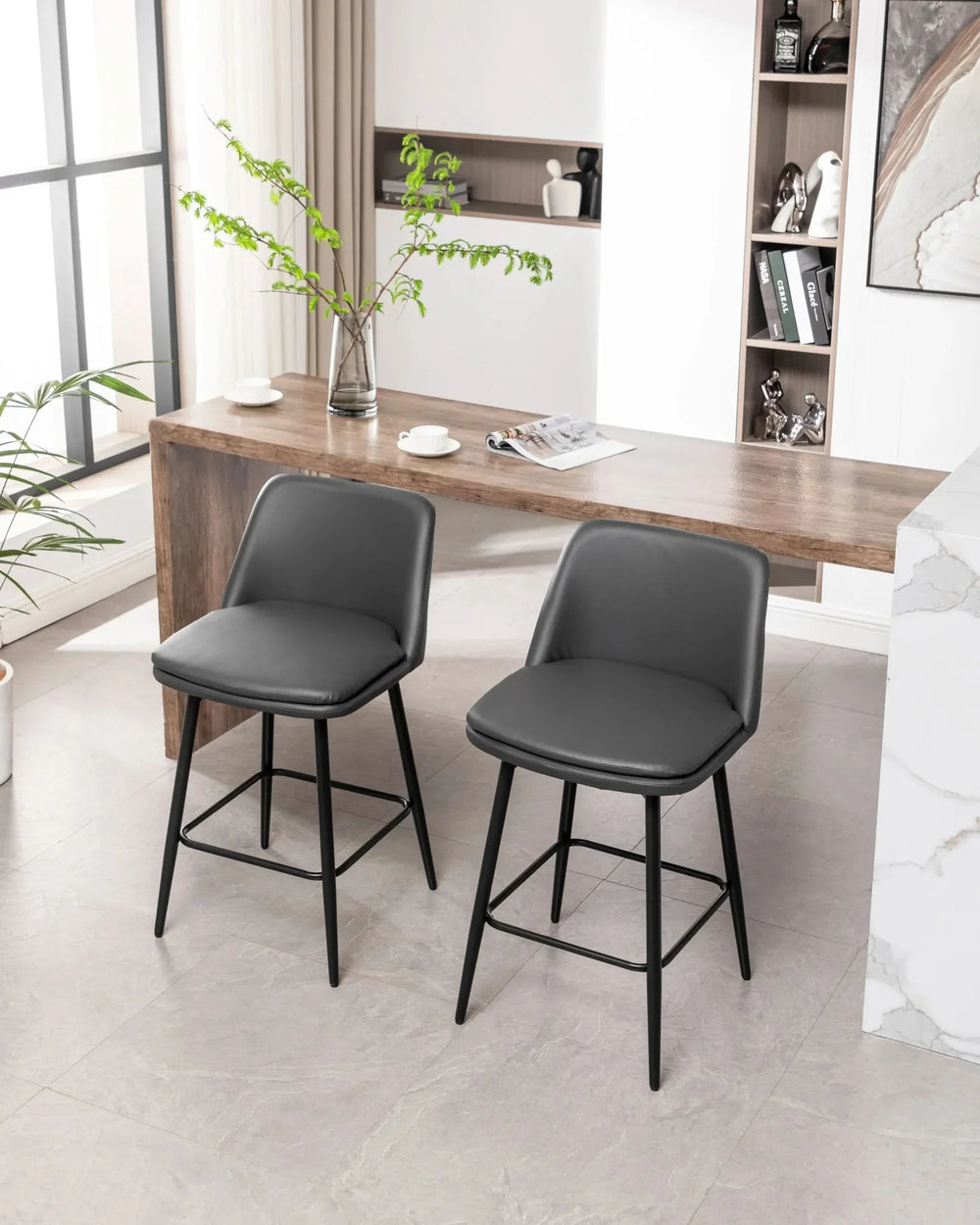 Counter Height Bar Stools PU Leather Backrest 360 Swivel Set Of 2 Media 32