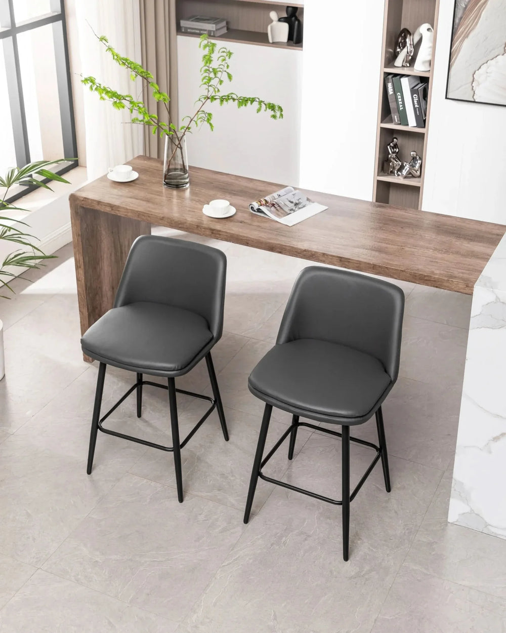 Counter Height Bar Stools PU Leather Backrest 360 Swivel Set Of 2 Media 39