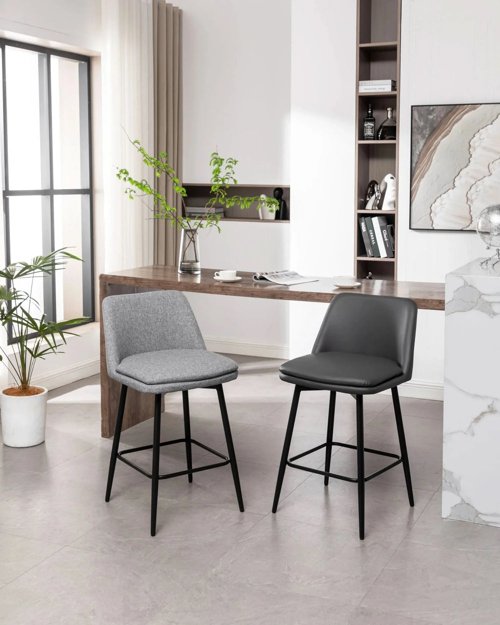Counter Height Bar Stools PU Leather Backrest 360 Swivel Set Of 2 Media 37