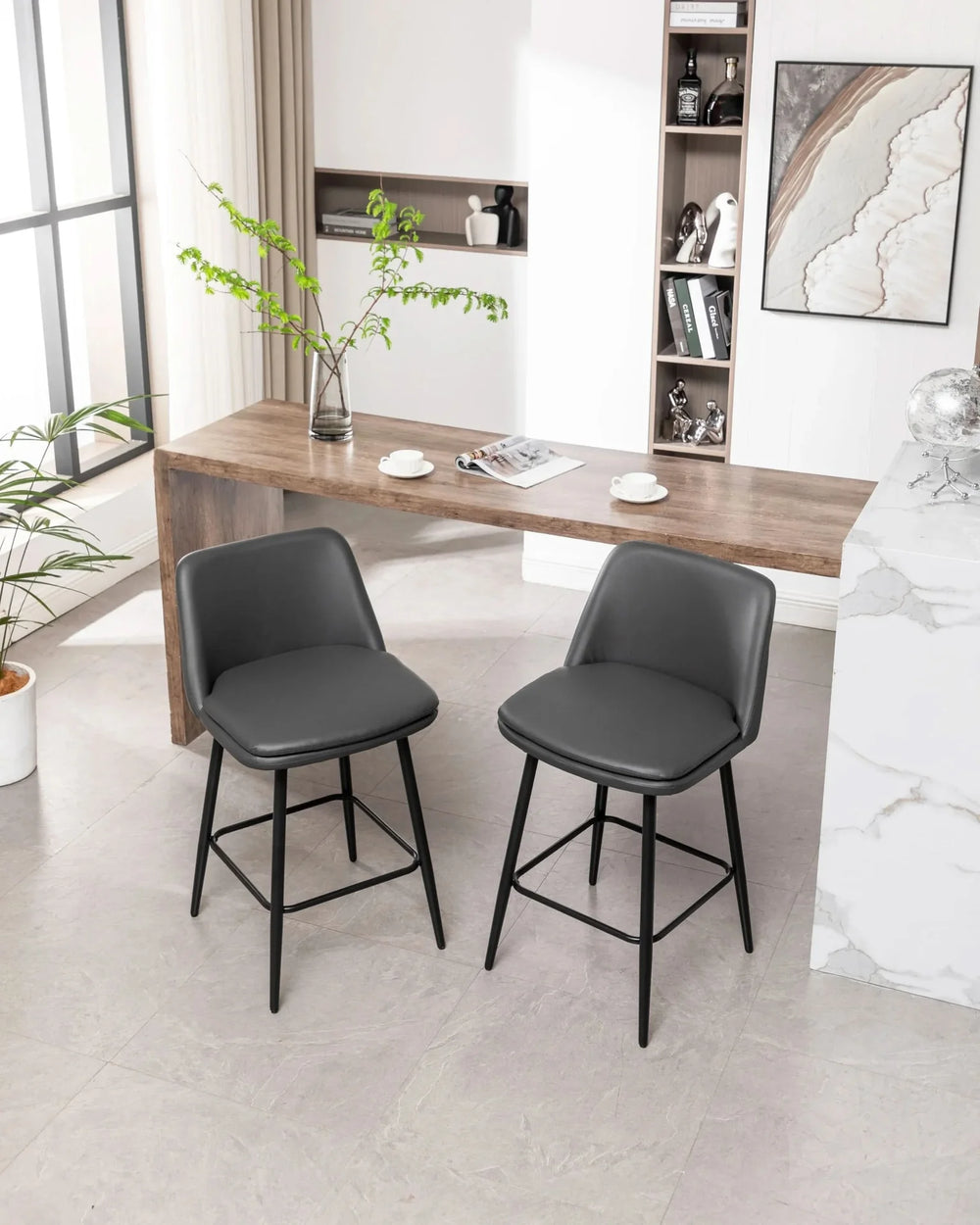Counter Height Bar Stools PU Leather Backrest 360 Swivel Set Of 2 Media 27