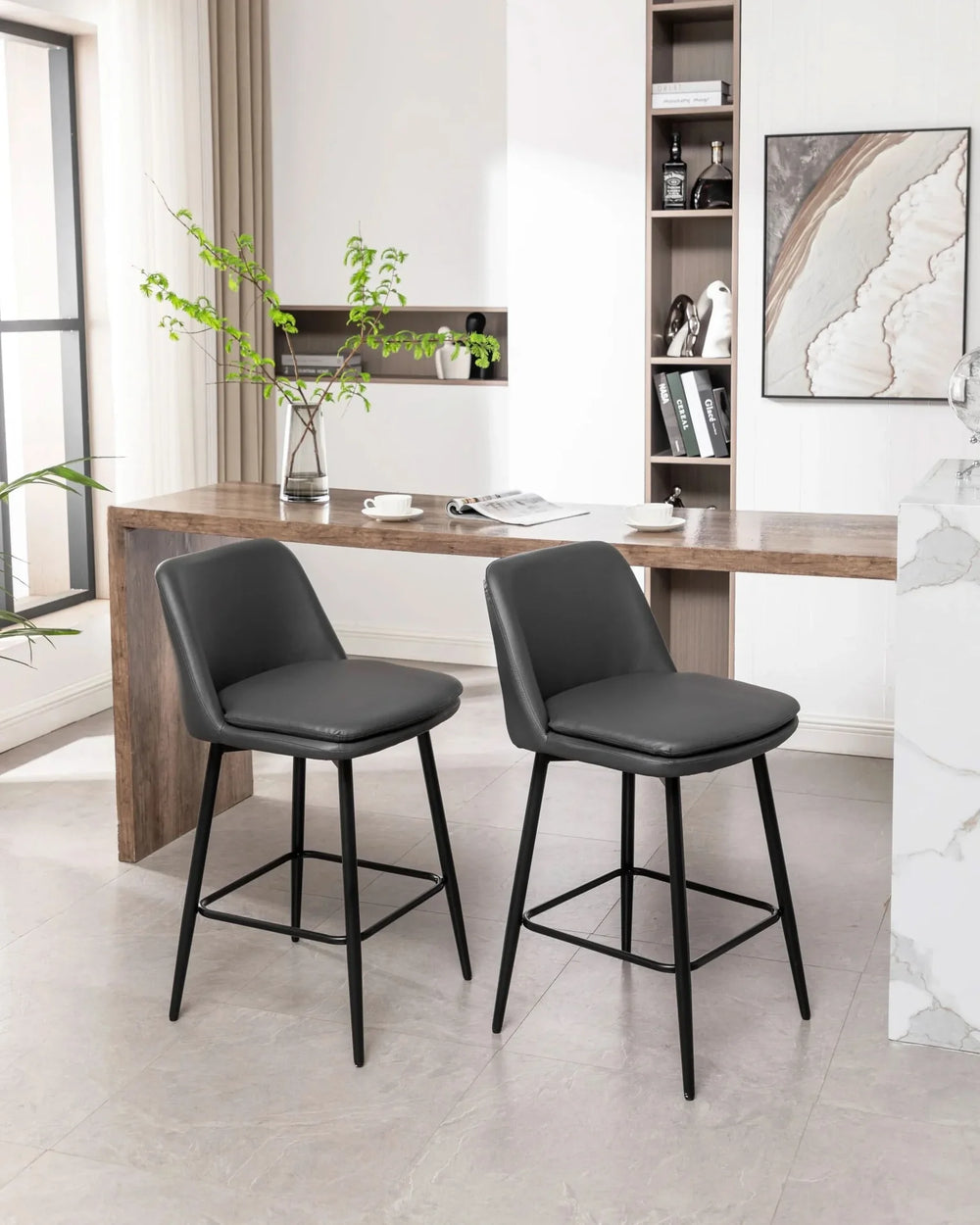 Counter Height Bar Stools PU Leather Backrest 360 Swivel Set Of 2 Media 26