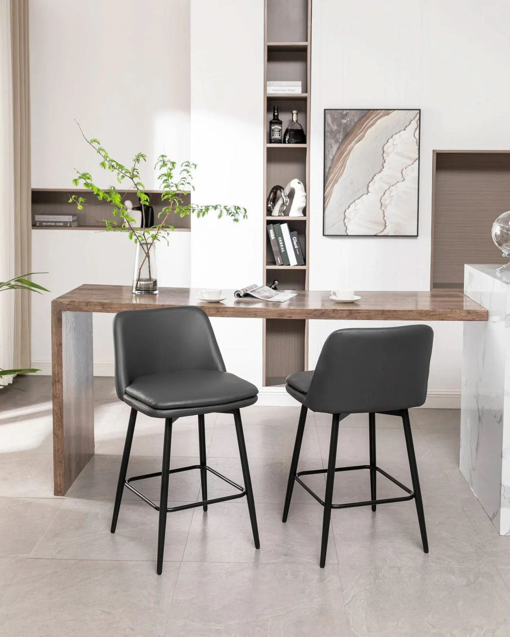 Counter Height Bar Stools PU Leather Backrest 360 Swivel Set Of 2 Media 24