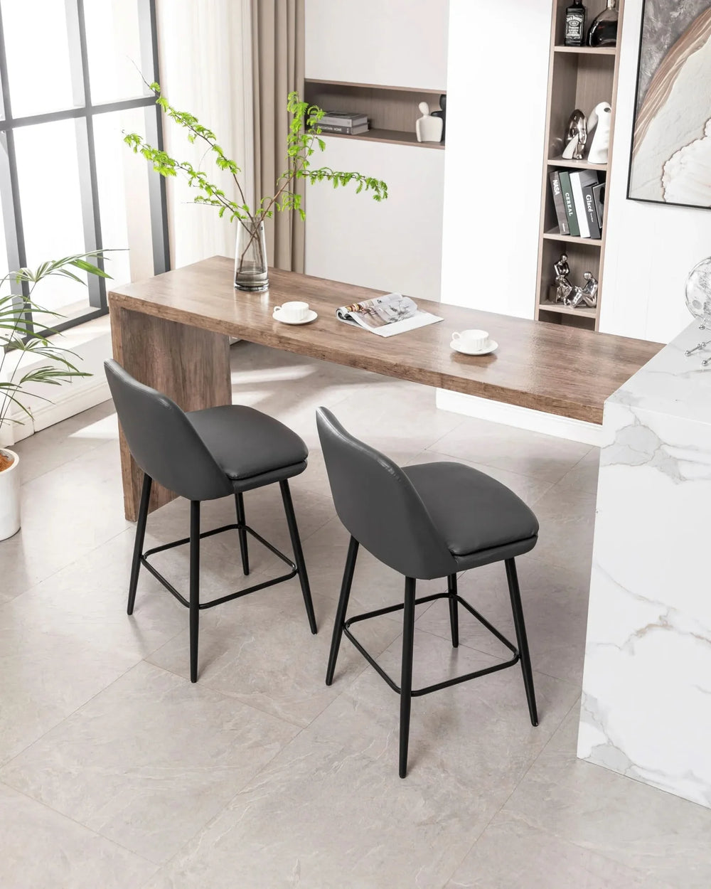 Counter Height Bar Stools PU Leather Backrest 360 Swivel Set Of 2 Media 20
