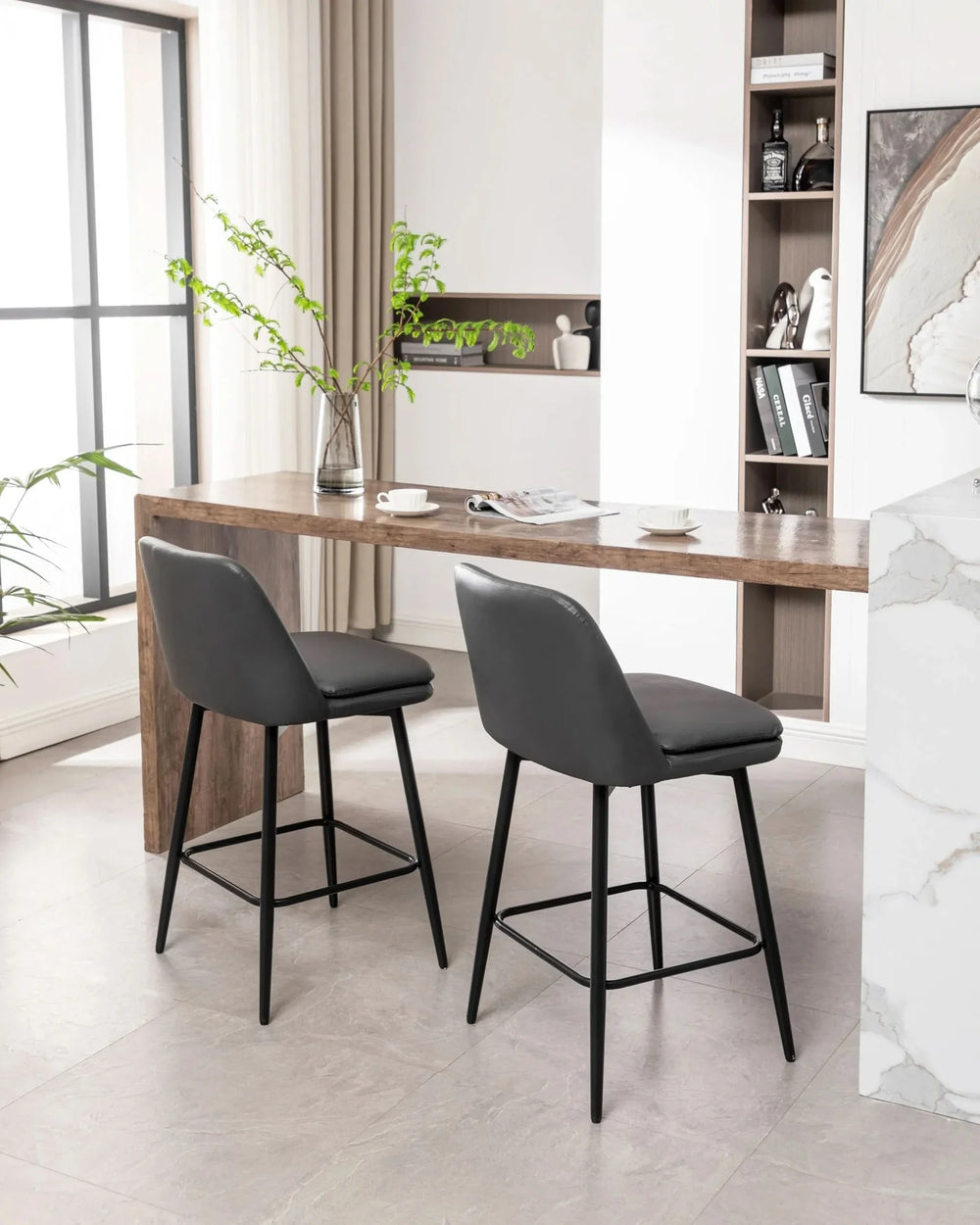 Counter Height Bar Stools PU Leather Backrest 360 Swivel Set Of 2 Media 28