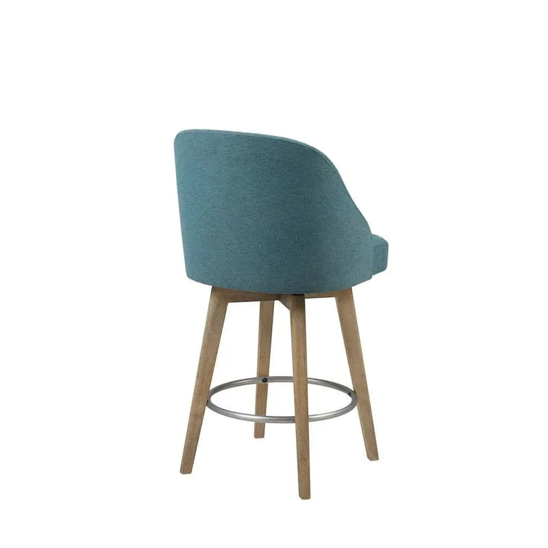 Counter Stool Blue Polyester Upholstery Swivel Seat Counter Height Wood Legs