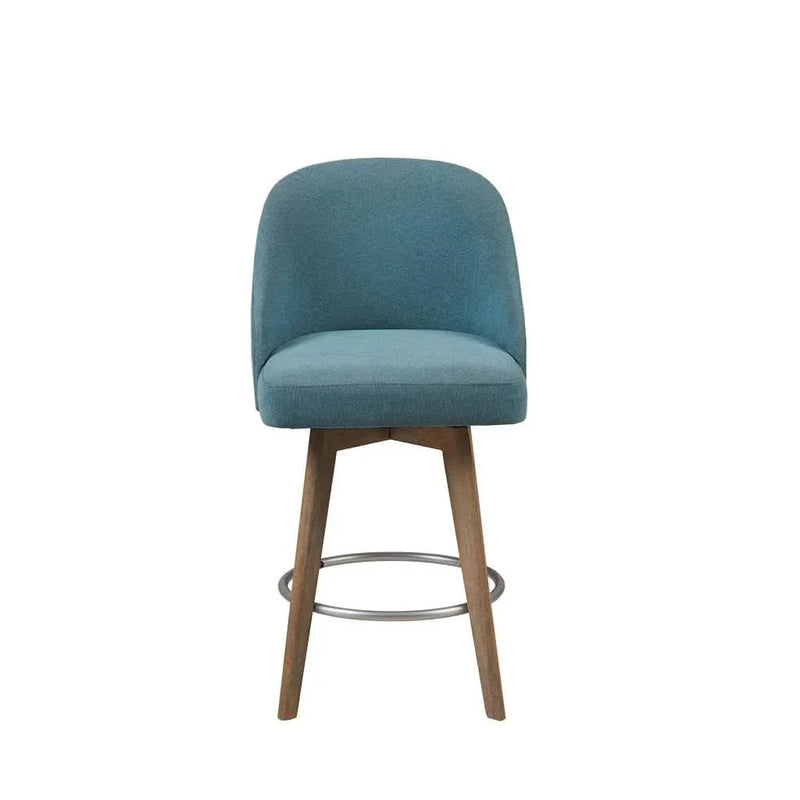 Counter Stool Blue Polyester Upholstery Swivel Seat Counter Height Wood Legs