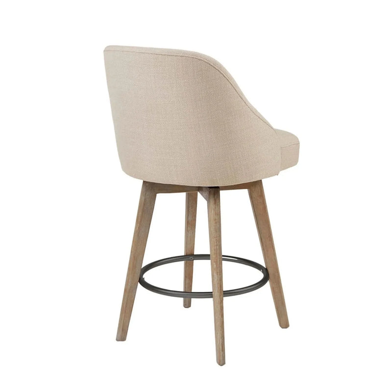 Counter Stool Polyester Swivel Seat Sand Color With Solid Wood Legs