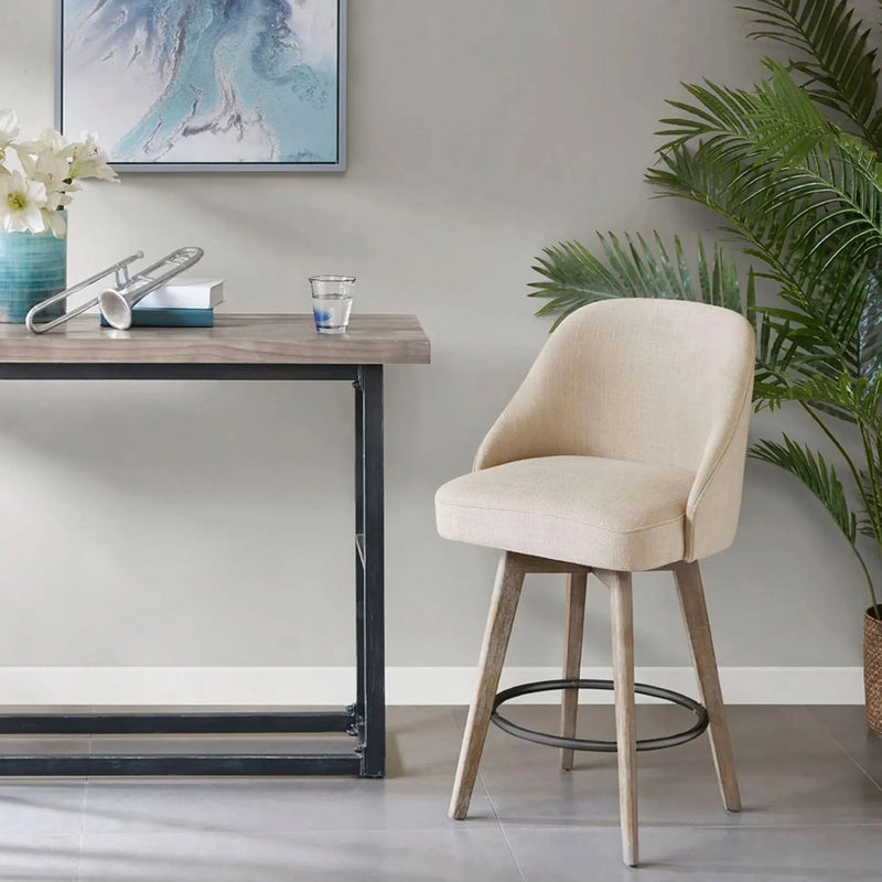 Counter Stool Polyester Swivel Seat Sand Color With Solid Wood Legs