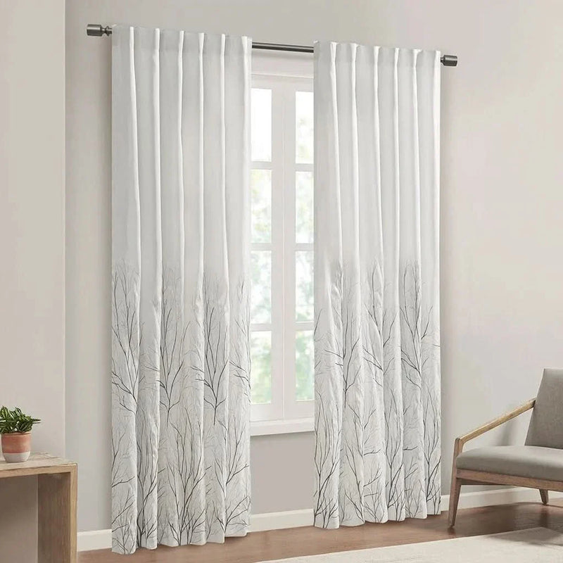 Curtain Panel Polyester Embroidered White Curtains With Branch Design