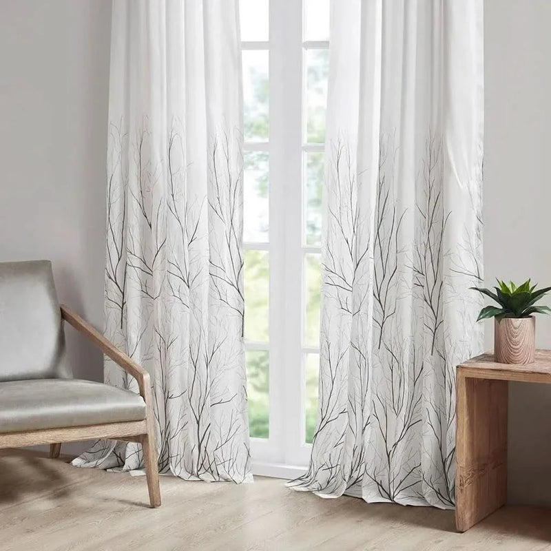 Curtain Panel Polyester Embroidered White Curtains With Branch Design