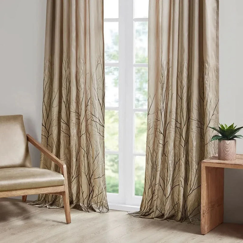 Curtain Panel Polyester Brown Branch Embroidery 84 Inch Length Living Room
