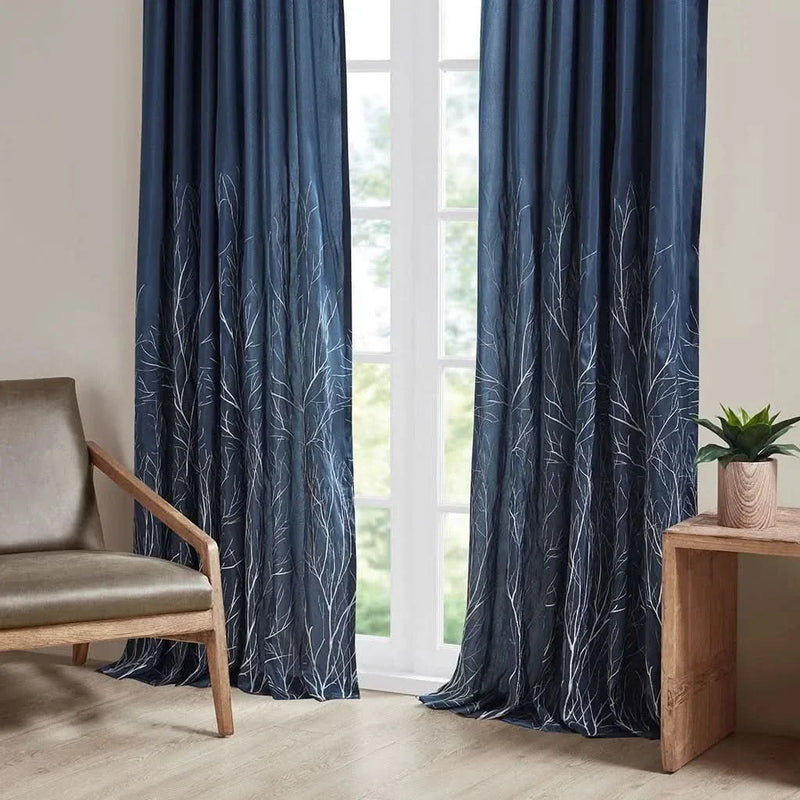 Curtain Panel Cotton Navy Branch Embroidery Design For Living Room